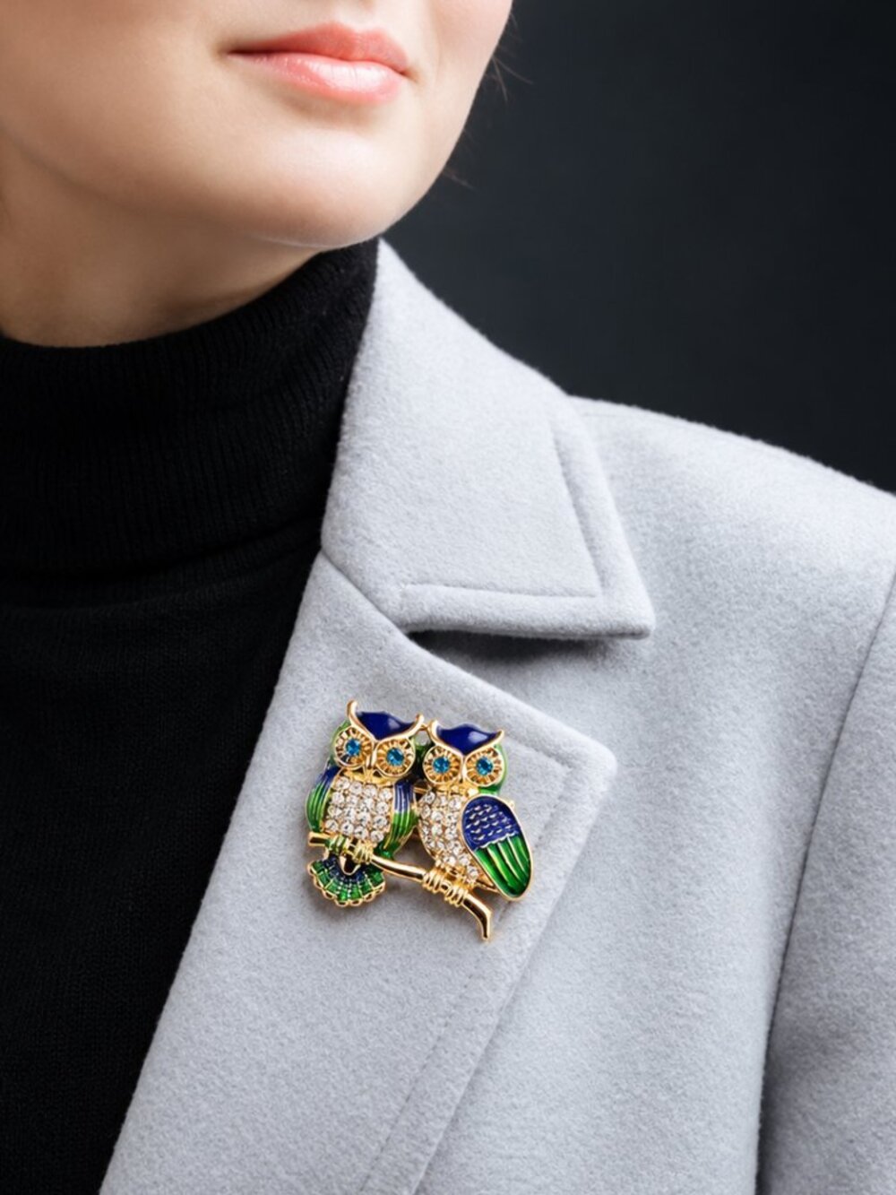 Blue Green Owl Brooch Gold Tone Rhinestone Enamel Double Owl Pin